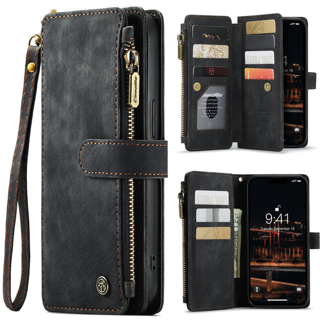 CaseMe - Hoesje geschikt voor iPhone 15 Plus - Vintage Wallet Book Case Ritssluiting - Met Magneetsluiting - Zwart