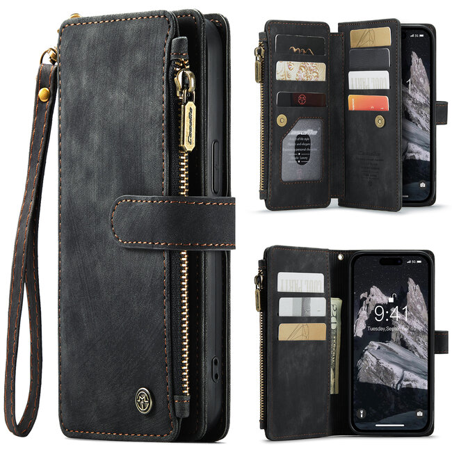 CaseMe - Hoesje geschikt voor iPhone 15 Pro Max - Vintage Wallet Book Case Ritssluiting - Met Magneetsluiting - Zwart