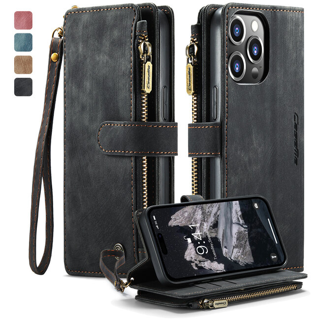 CaseMe - Hoesje geschikt voor iPhone 15 Pro Max - Vintage Wallet Book Case Ritssluiting - Met Magneetsluiting - Zwart