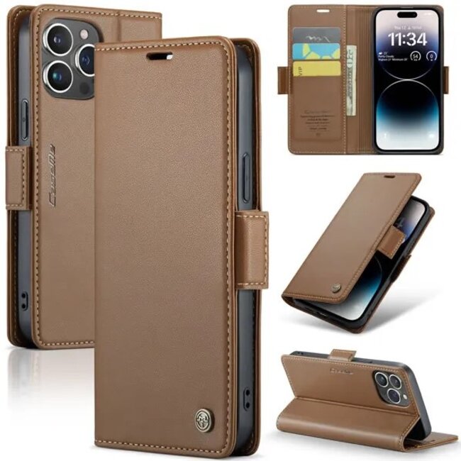 CaseMe - Hoesje geschikt voor iPhone 15 Pro - Retro Wallet Book Case - Met Magnetische Sluiting - Bruin