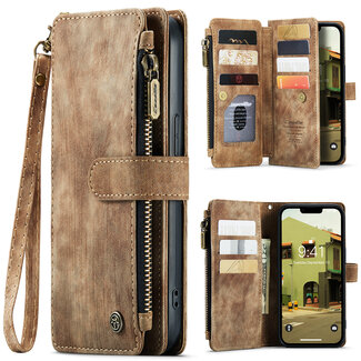 CaseMe CaseMe - Hoesje geschikt voor iPhone 15 Plus - Vintage Wallet Book Case Ritssluiting - Met Magneetsluiting - Bruin