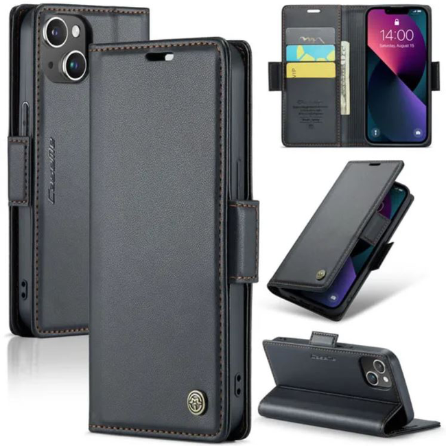 CaseMe - Hoesje geschikt voor iPhone 15 - Retro Wallet Book Case - Met Magnetische Sluiting - Zwart