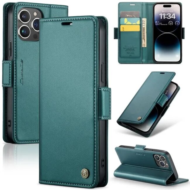 CaseMe - Hoesje geschikt voor iPhone 15 Pro - Retro Wallet Book Case - Met Magnetische Sluiting - Groen