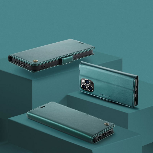 CaseMe - Hoesje geschikt voor iPhone 15 Pro - Retro Wallet Book Case - Met Magnetische Sluiting - Groen