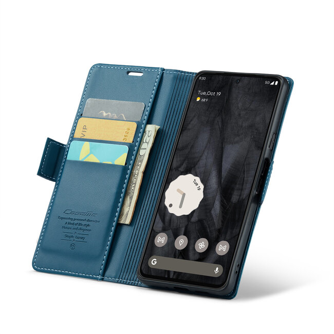 CaseMe - Hoesje geschikt voor Google Pixel 8 Pro - Retro Wallet Book Case - Met Magnetische Sluiting - Blauw