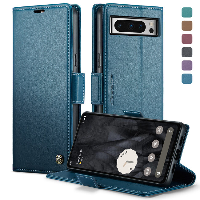 CaseMe - Hoesje geschikt voor Google Pixel 8 Pro - Retro Wallet Book Case - Met Magnetische Sluiting - Blauw