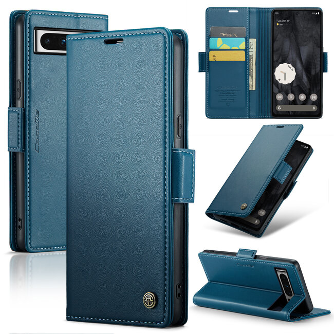 CaseMe - Hoesje geschikt voor Google Pixel 8 Pro - Retro Wallet Book Case - Met Magnetische Sluiting - Blauw