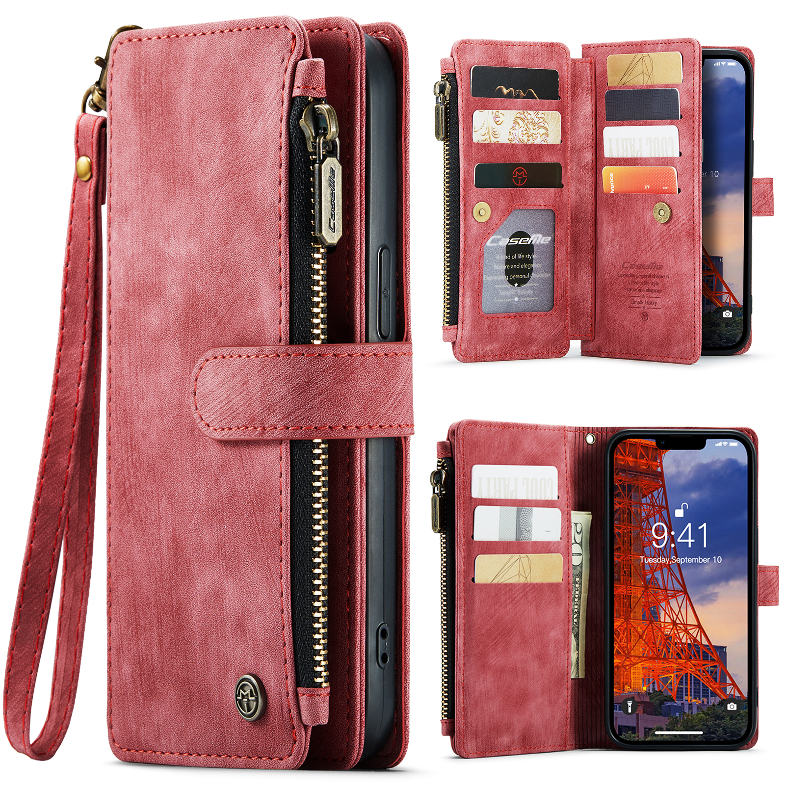 CaseMe - Hoesje geschikt voor iPhone 15 Plus - Vintage Wallet Book Case Ritssluiting - Met Magneetsluiting - Roze afbeelding