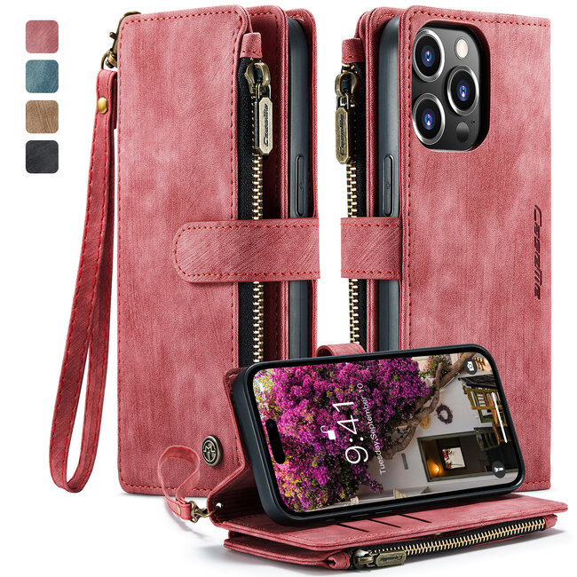 CaseMe - Hoesje geschikt voor iPhone 15 Pro Max - Vintage Wallet Book Case Ritssluiting - Met Magneetsluiting - Roze