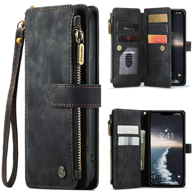 CaseMe - Hoesje geschikt voor iPhone 15 - Vintage Wallet Book Case Ritssluiting - Met Magneetsluiting - Zwart