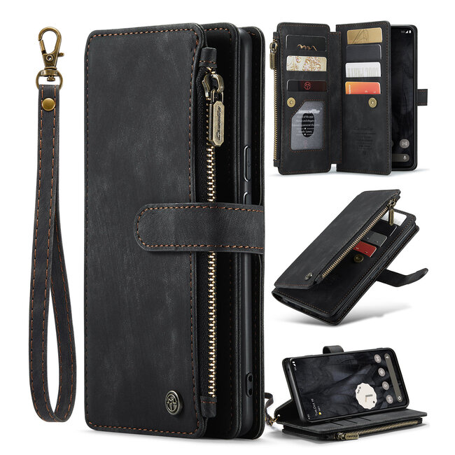 CaseMe - Hoesje geschikt voor Google Pixel 8 Pro - Vintage Wallet Book Case Ritssluiting - Met Magneetsluiting - Zwart