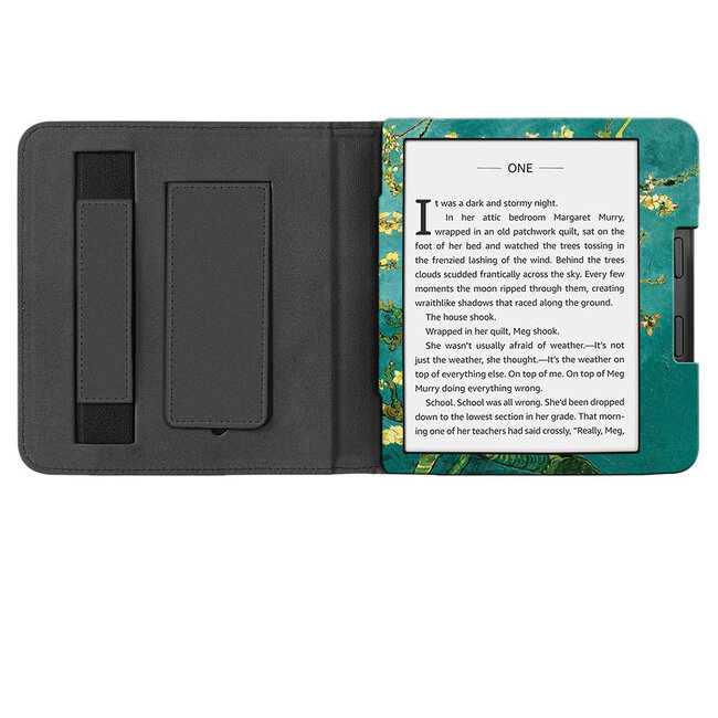 Case2go - E-reader hoes geschikt voor Kobo Libra 2 / Tolino Vision 6 - Sleepcover - Auto/Wake functie - Met handstrap - Witte Bloesem