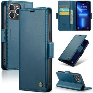 CaseMe CaseMe - Hoesje geschikt voor iPhone 15 Pro Max - Retro Wallet Book Case - Met Magnetische Sluiting - Blauw