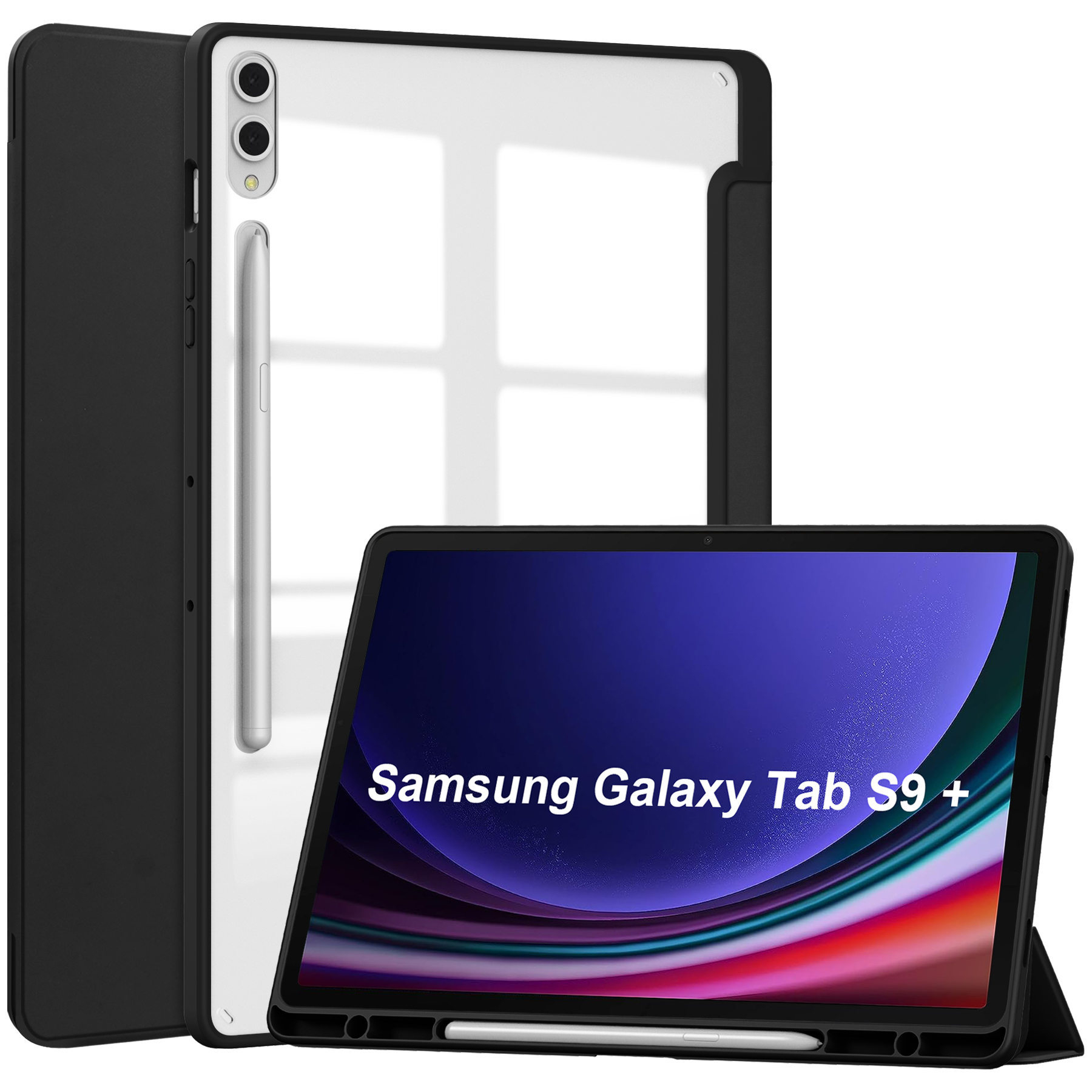 Case2go - Tablet hoes geschikt voor Samsung Galaxy Tab S9 Plus/S9 FE Plus (2023) - Acrylic Trifold case met Auto/Wake functie en Magneetsluiting - Zwart afbeelding