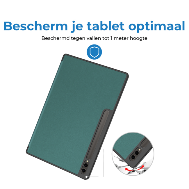 Case2go - Tablet hoes geschikt voor Samsung Galaxy Tab S9 Ultra (2023) - Auto Wake/Sleep functie - Tri-Fold Book Case met penhouder - Donker Groen
