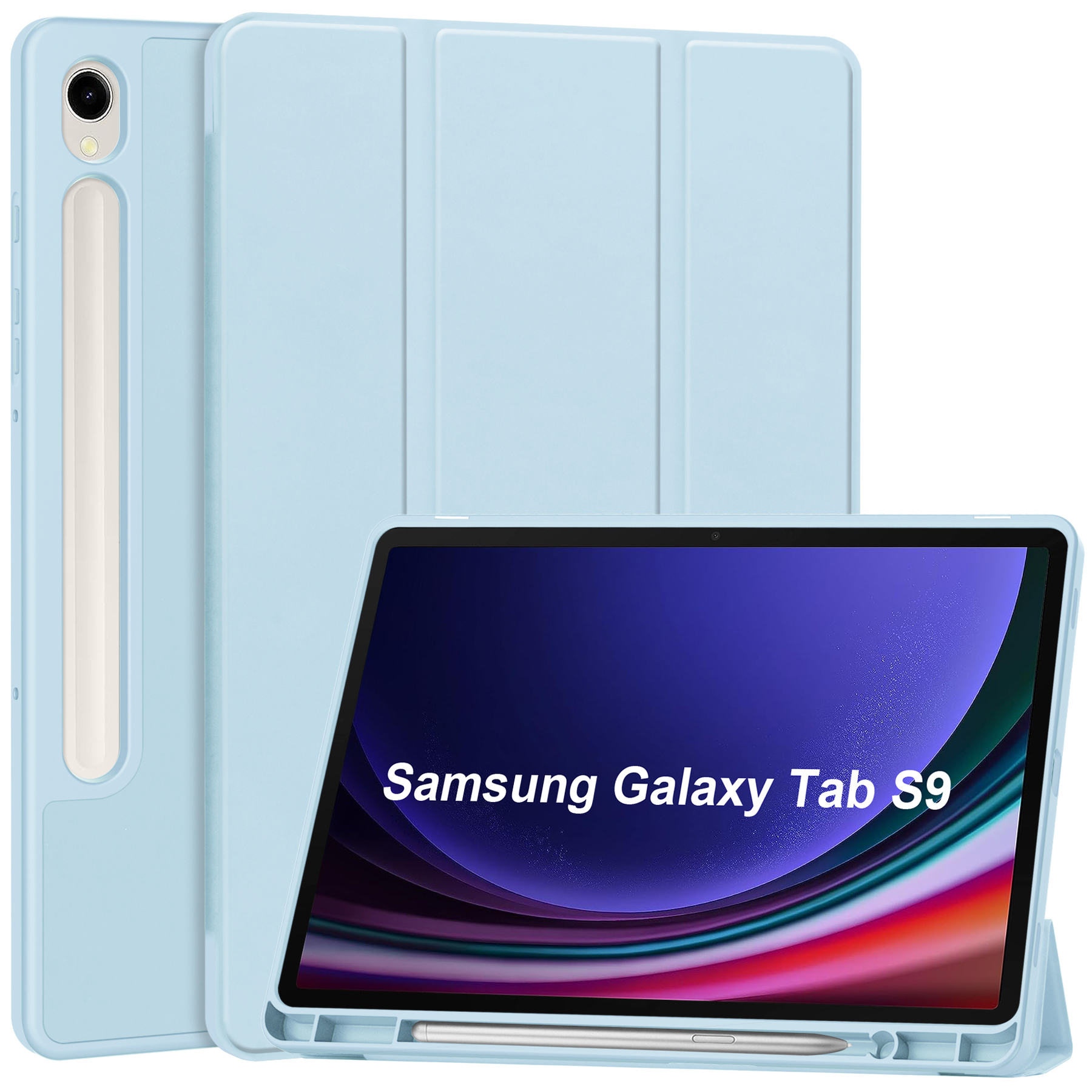 Case2go - Tablet hoes geschikt voor Samsung Galaxy Tab S9 (2023) - Auto Wake/Sleep functie - Tri-Fold Book Case met penhouder - Licht Blauw afbeelding