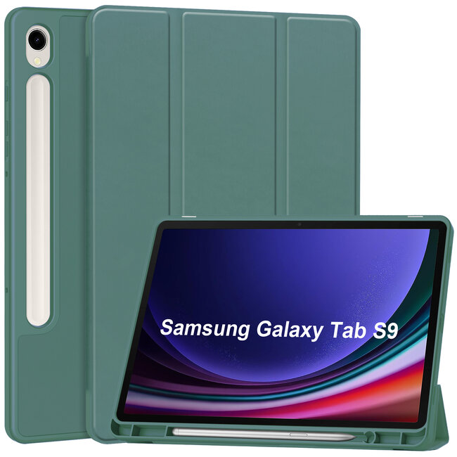 Case2go - Tablet hoes geschikt voor Samsung Galaxy Tab S9 (2023) - Auto Wake/Sleep functie - Tri-Fold Book Case met penhouder - Donker Groen