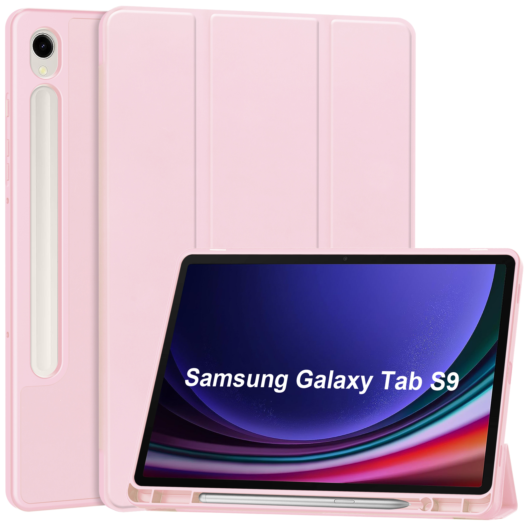 Case2go - Tablet hoes geschikt voor Samsung Galaxy Tab S9 (2023) - Auto Wake/Sleep functie - Tri-Fold Book Case met penhouder - Roze afbeelding