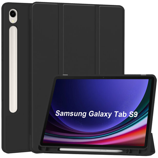 Case2go - Tablet hoes geschikt voor Samsung Galaxy Tab S9 (2023) - Auto Wake/Sleep functie - Tri-Fold Book Case met penhouder - Zwart