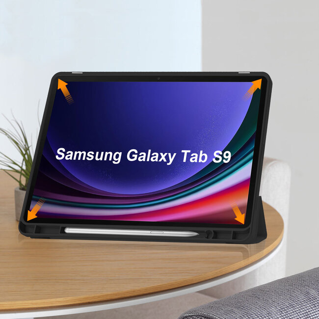 Case2go - Tablet hoes geschikt voor Samsung Galaxy Tab S9 (2023) - Auto Wake/Sleep functie - Tri-Fold Book Case met penhouder - Zwart