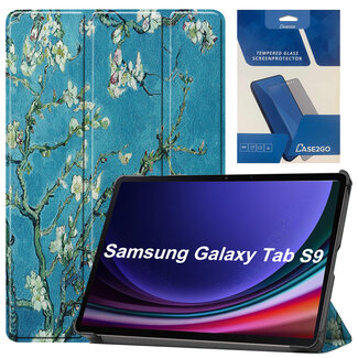 Case2go Tablethoes en Screenprotector geschikt voor Samsung Galaxy Tab S9 (2023) - Tri-fold hoes met Auto/Wake functie en Magnetische sluiting - Witte Bloesem