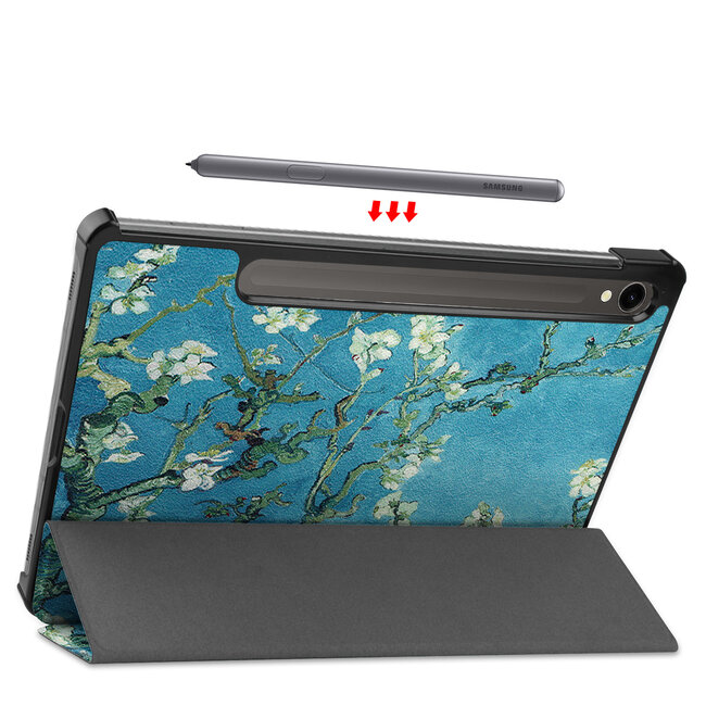 Tablethoes en Screenprotector geschikt voor Samsung Galaxy Tab S9 (2023) - Tri-fold hoes met Auto/Wake functie en Magnetische sluiting - Witte Bloesem
