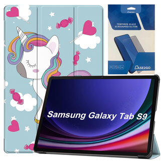 Case2go Tablethoes en Screenprotector geschikt voor Samsung Galaxy Tab S9 (2023) - Tri-fold hoes met Auto/Wake functie en Magnetische sluiting - Eenhoorn