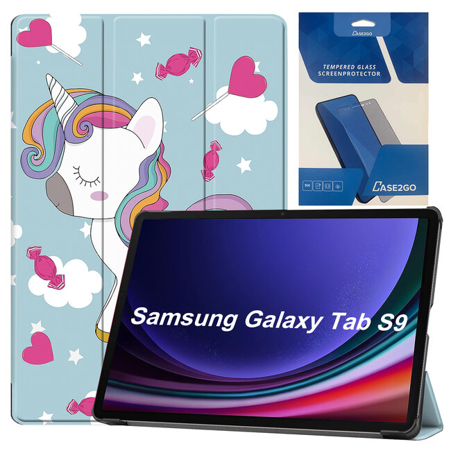 Tablethoes en Screenprotector geschikt voor Samsung Galaxy Tab S9 (2023) - Tri-fold hoes met Auto/Wake functie en Magnetische sluiting - Eenhoorn
