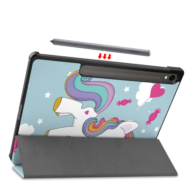 Tablethoes en Screenprotector geschikt voor Samsung Galaxy Tab S9 (2023) - Tri-fold hoes met Auto/Wake functie en Magnetische sluiting - Eenhoorn
