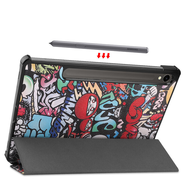 Tablethoes en Screenprotector geschikt voor Samsung Galaxy Tab S9 (2023) - Tri-fold hoes met Auto/Wake functie en Magnetische sluiting - Graffiti