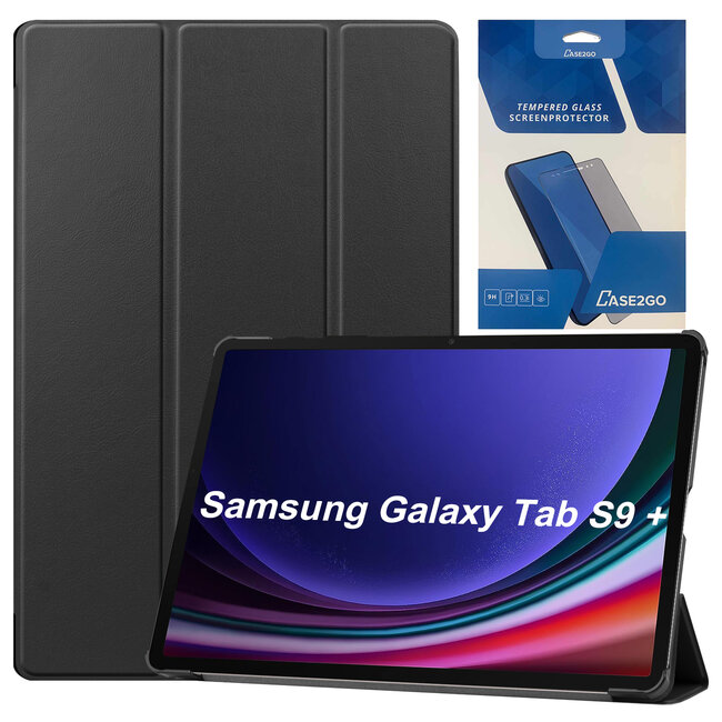 Tablethoes en Screenprotector geschikt voor Samsung Galaxy Tab S9 Plus (2023) - Tri-fold hoes met Auto/Wake functie en Magnetische sluiting - Zwart