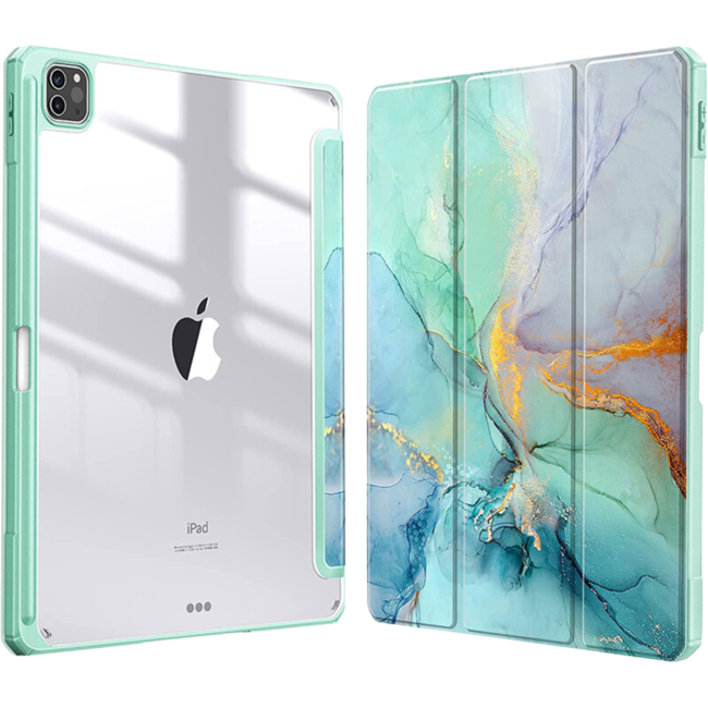 Hoozey - Tablet hoes geschikt voor Apple iPad Pro 12.9 (2022/2021/2020) - 12.9 inch - Sleep cover met pencil houder - Marmer print - Licht Groen