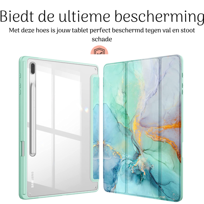Hoozey - Tablet hoes geschikt voor Samsung Galaxy Tab S8/S7 (2022/2020) - 11 inch - Sleep cover met pencil houder - Marmer print - Licht Groen