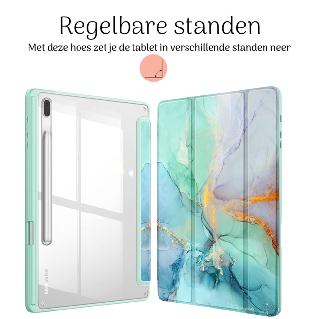 Hoozey - Tablet hoes geschikt voor Samsung Galaxy Tab S8/S7 (2022/2020) - 11 inch - Sleep cover met pencil houder - Marmer print - Licht Groen