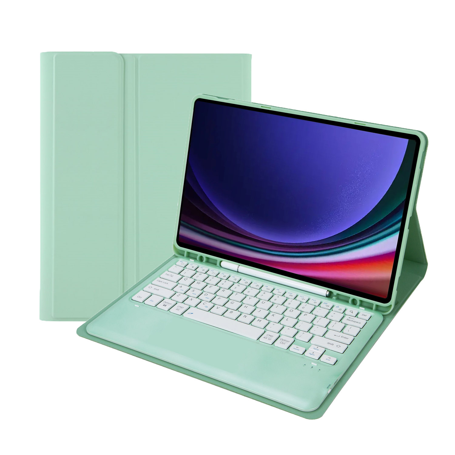Case2go - Bluetooth Toetsenbord voor Samsung Galaxy Tab S10 Plus / Tab S9 Plus / Tab S9 FE Plus - 12.4 Inch - Met stylus pen houder - QWERTY Keyboard case - Mint Groen afbeelding