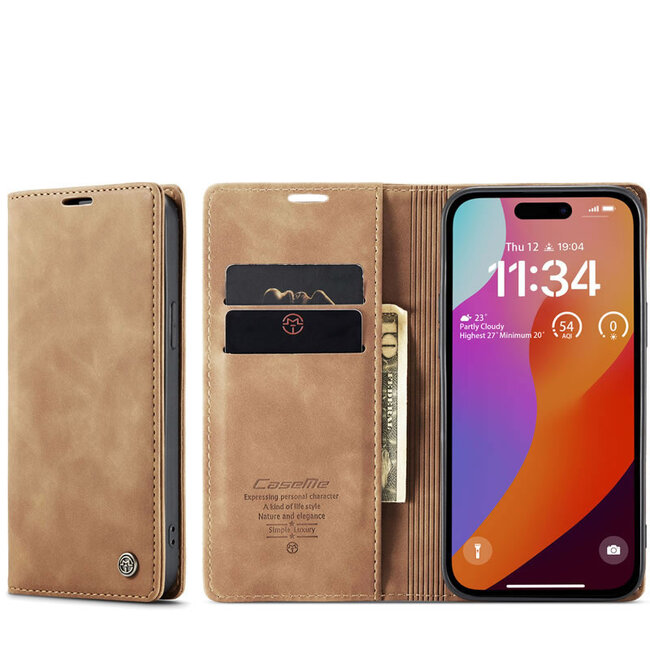 CaseMe - Telefoonhoesje geschikt voor Apple iPhone 15 Pro - Wallet Book Case - Met Magnetische Sluiting - Bruin
