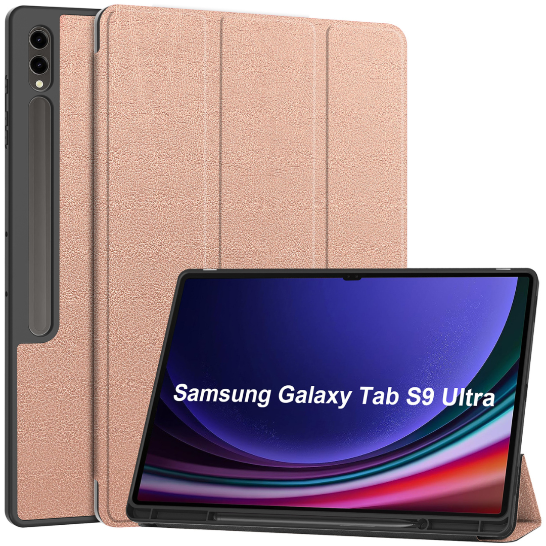 Case2go - Tablet hoes geschikt voor Samsung Galaxy Tab S9 Ultra (2023) - Auto Wake/Sleep functie - Tri-Fold Book Case met penhouder - Rose Goud afbeelding