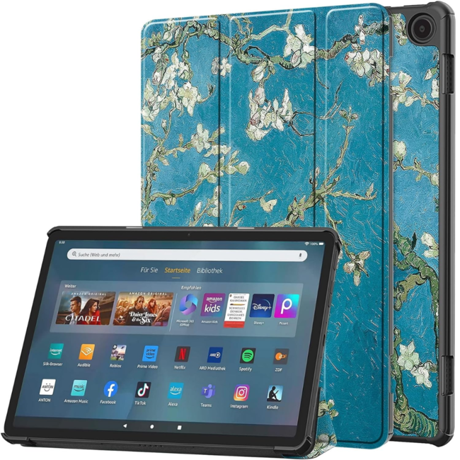 Case2go - Tablet hoes geschikt voor Amazon Fire Max 11 (2023) - Tri-Fold Book Case - Auto Wake/Sleep functie - Witte Bloesem