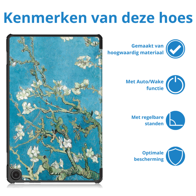 Case2go - Tablet hoes geschikt voor Amazon Fire Max 11 (2023) - Tri-Fold Book Case - Auto Wake/Sleep functie - Witte Bloesem