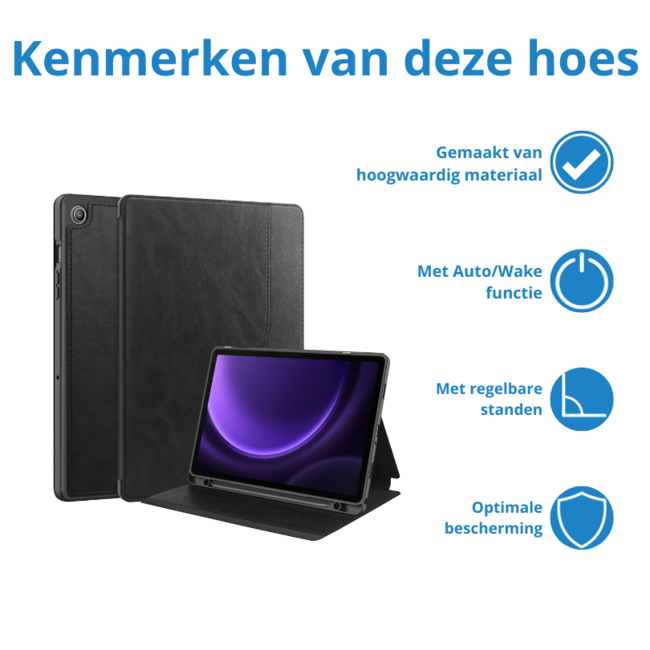 Case2go - Tablet hoes geschikt voor Samsung Galaxy Tab S9/S9 FE (2023) - Business Wallet Book Case - Auto Wake/Sleep functie - Zwart