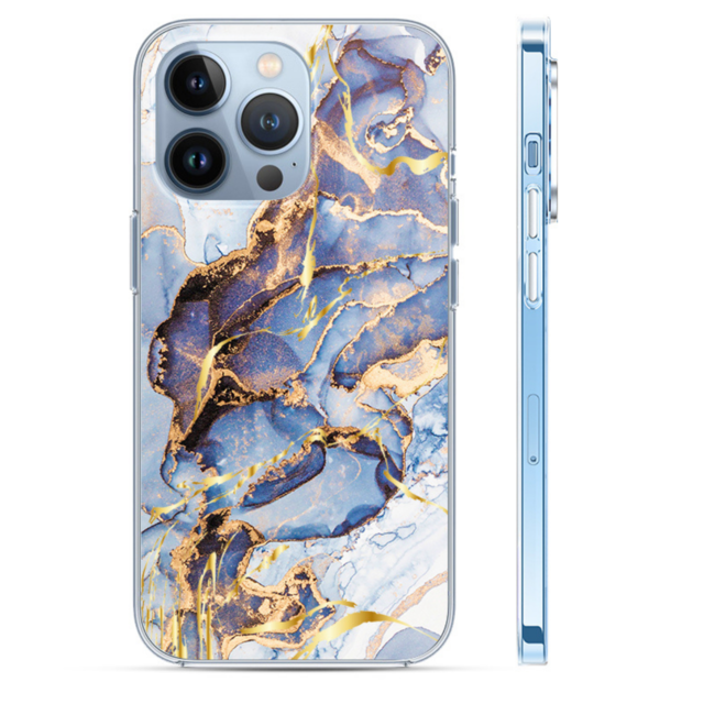 Hoozey - Hoesje geschikt voor Apple iPhone 15 Plus - Watercolor print - Donker Blauw / Goud