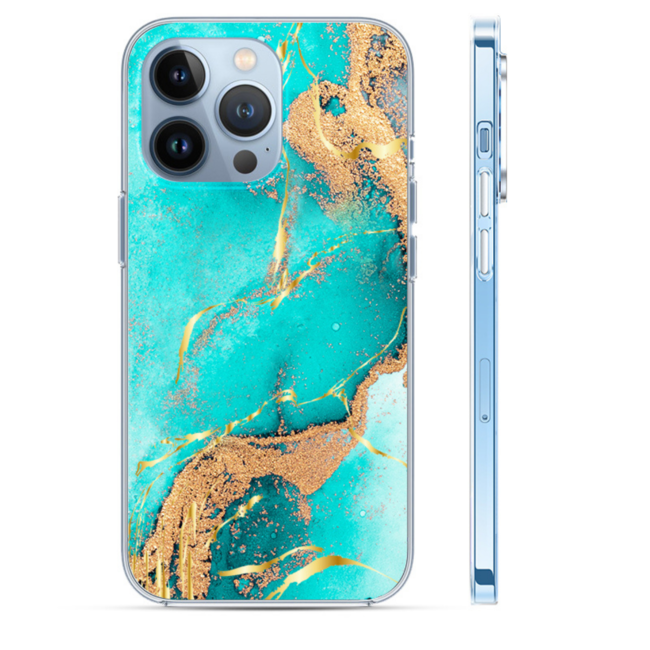 Hoozey - Hoesje geschikt voor Apple iPhone 15 Pro - Watercolor print - Turquoise / Goud