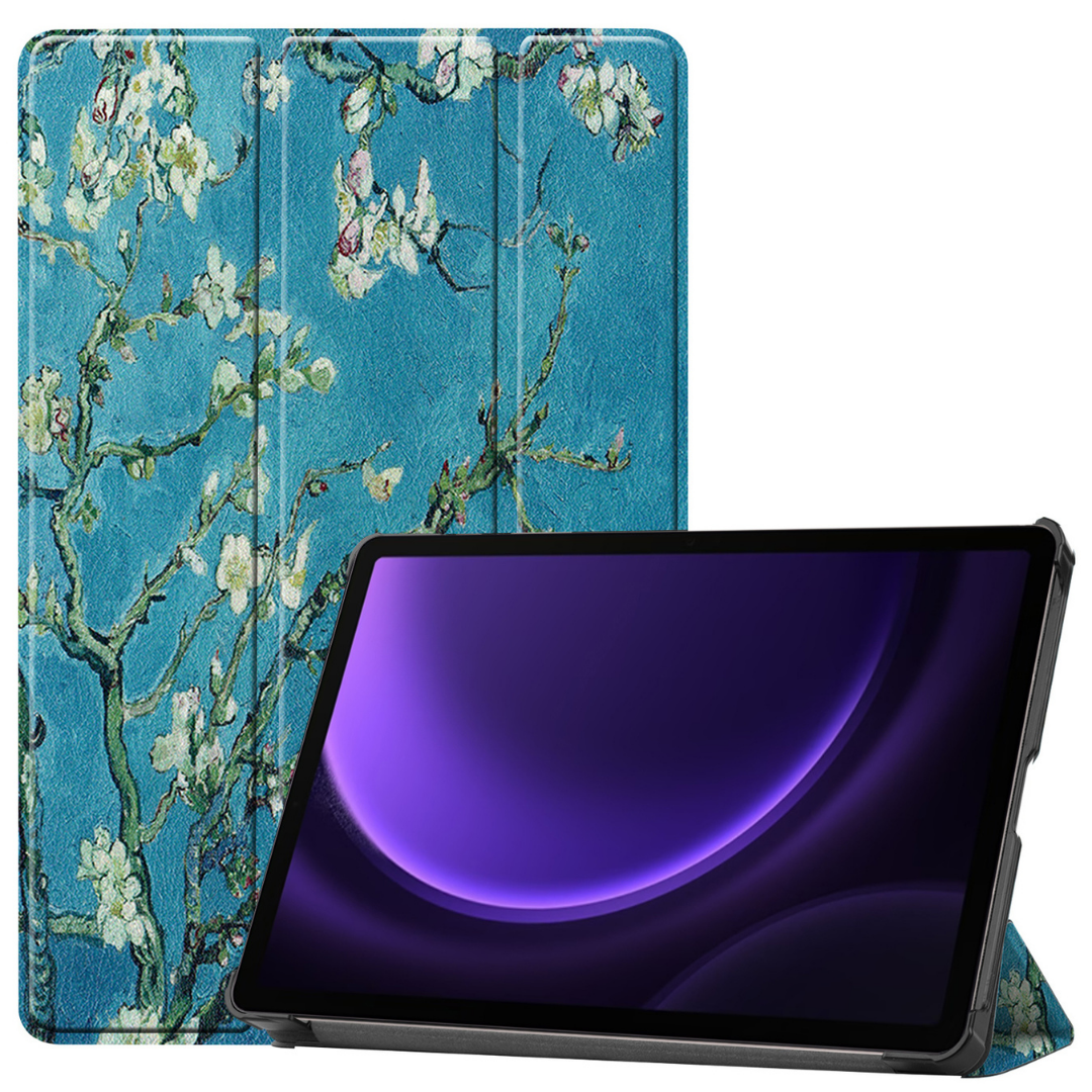 Case2go - Tablet hoes geschikt voor Samsung Galaxy Tab S9 FE Plus (2023) - Tri-fold Case - Witte Bloesem afbeelding
