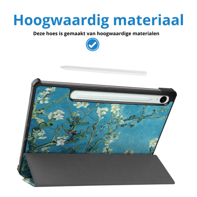 Case2go - Tablet hoes geschikt voor Samsung Galaxy Tab S9 FE Plus (2023) - Tri-fold Case - Witte Bloesem