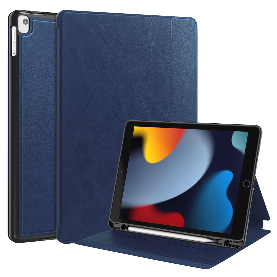 Case2go - Tablet hoes geschikt voor Apple iPad 10.2 (2021/2020/2019) - Business Wallet Book Case - Auto Wake/Sleep functie - Donker Blauw afbeelding