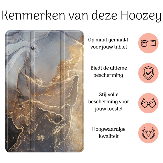 Hoozey - Book Case geschikt voor Samsung Galaxy Tab S9 Ultra (2023) - 14.6 inch - Sleep cover - Marmer print - Grijs / Goud