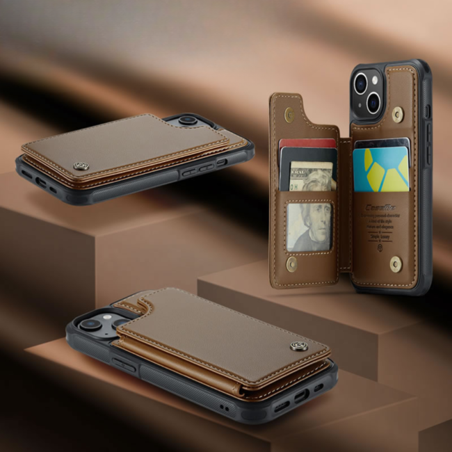 CaseMe - Telefoonhoesje geschikt voor iPhone 15 Plus - Back Cover met RFID Pasjeshouder - Bruin