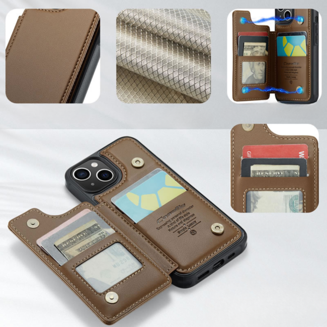 CaseMe - Telefoonhoesje geschikt voor iPhone 15 Plus - Back Cover met RFID Pasjeshouder - Bruin