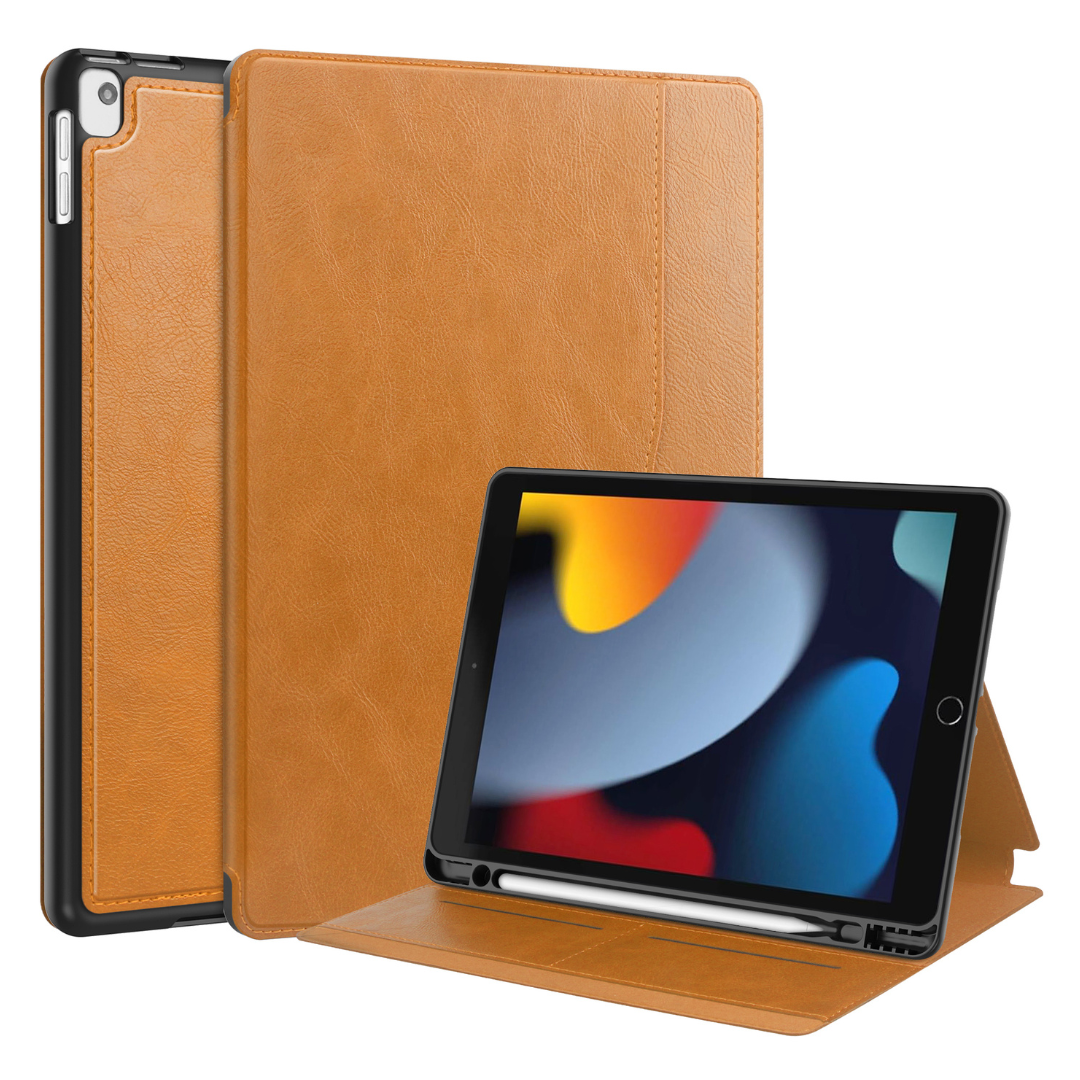 Case2go - Tablet hoes geschikt voor Apple iPad 10.2 (2021/2020/2019) - Business Wallet Book Case - Auto Wake/Sleep functie - Licht Bruin afbeelding