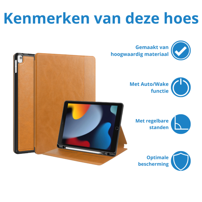 Case2go - Tablet hoes geschikt voor Apple iPad 10.2 (2021/2020/2019) - Business Wallet Book Case - Auto Wake/Sleep functie - Licht Bruin